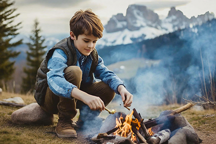 Boy making campfire